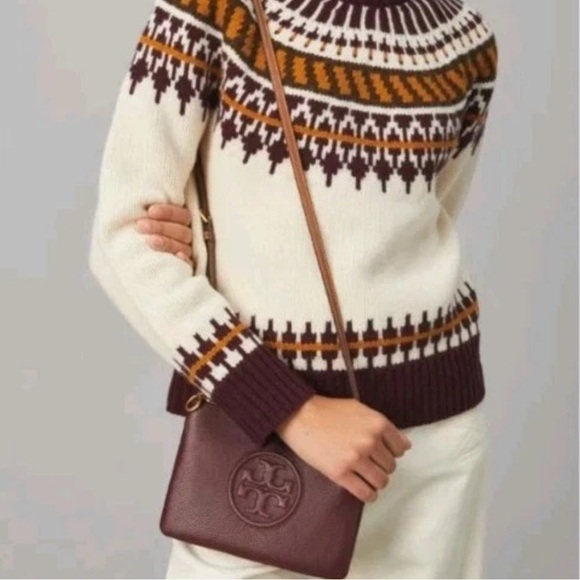 Tory Burch Perry Bombe Double Zip Leather Crossbody Burgundy Chic Feminine - Picture 2 of 12